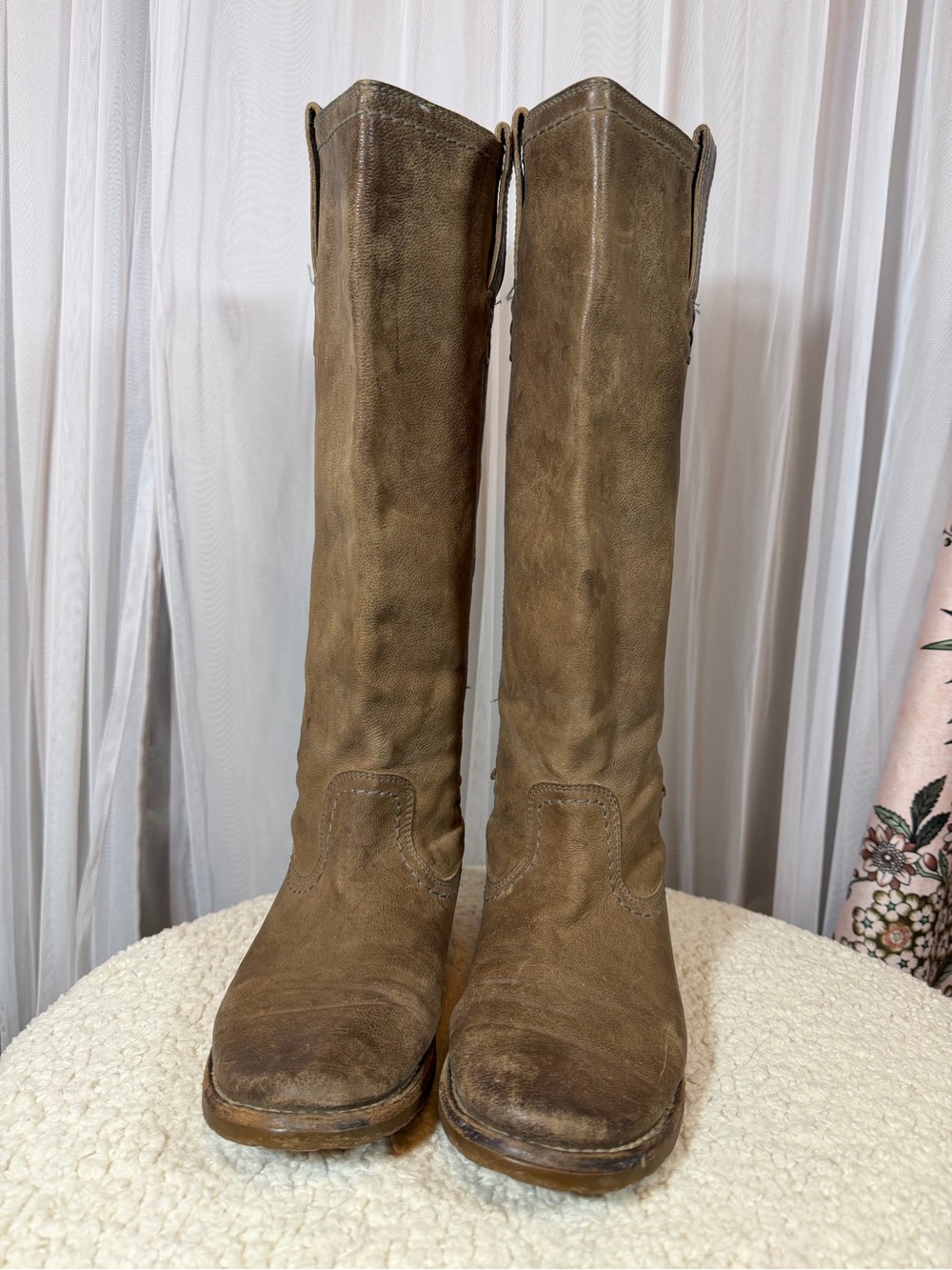 FRYE Paige Tall Distressed Leather Riding Boots Taupe Gray Brown Size 7